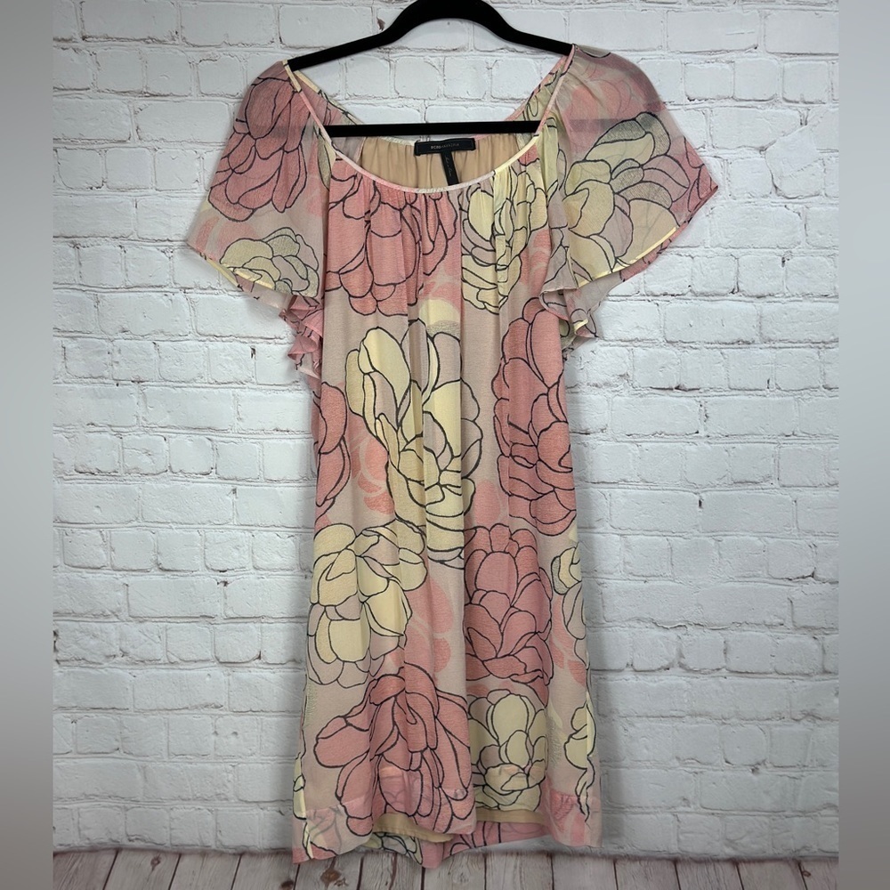 BCBG MAXAZRIA pink floral sheath lined lightweight dress, sz XS